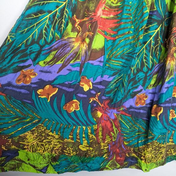 Vintage Green Tropical Jungle Palm Leaves Pattern Silk Maxi Skirt Elastic Waist - Picture 7 of 9